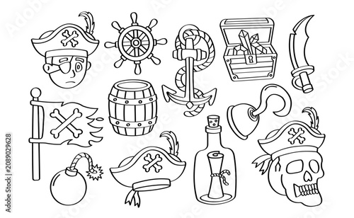 Pirate Doodle Icons Outline Coloring Page kid fun