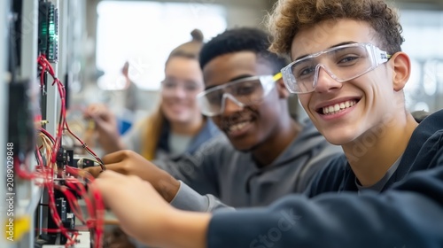 Smiling young trainees practice electrical wiring in a modern lab for World Youth Skills Day