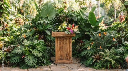 wooden product podium surrounded by lush tropical green leaves, natural cosmetic display mockup perfect for organic beauty branding, advertising, and stock photography use