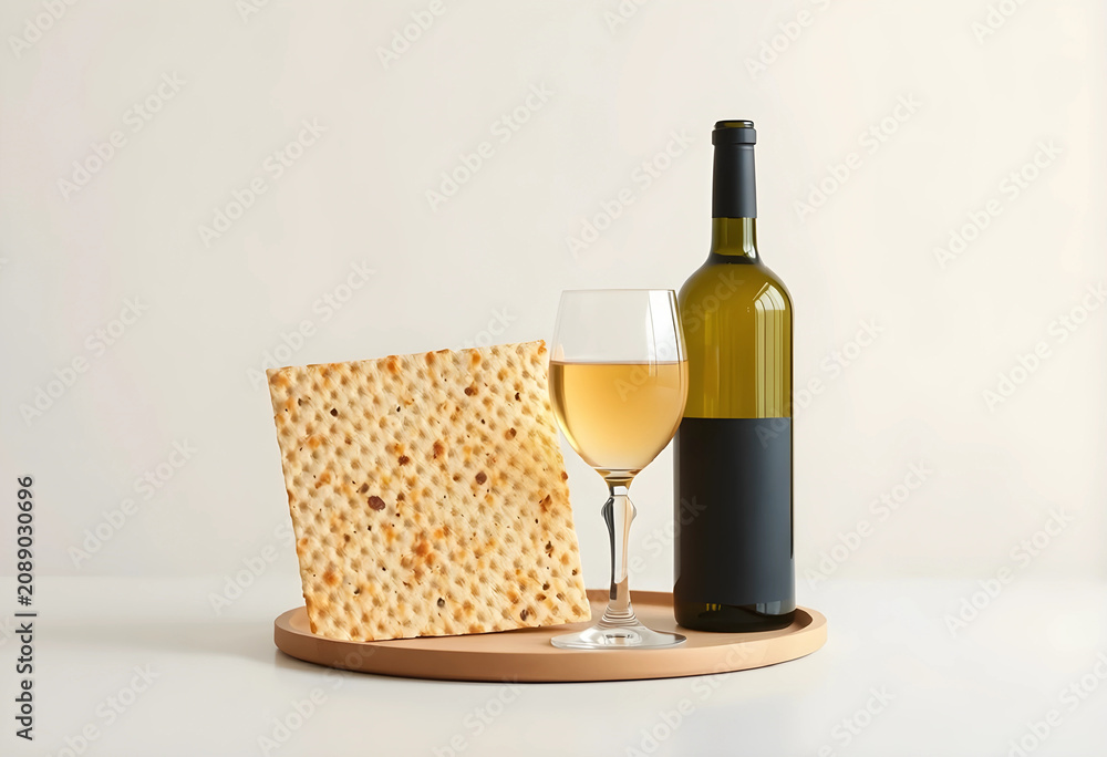 Fototapeta premium Matzah and white wine on wooden tray for Passover