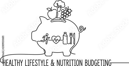 Tablou pe pânză Continuous line drawing of a piggy bank representing healthy lifestyle and nutrition budgeting