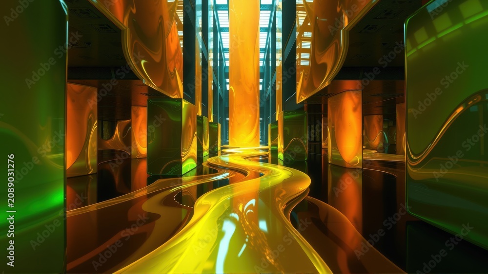Fototapeta premium Futuristic interior. Bright orange, yellow light flows through dark space. Smooth curves define walls, columns, reflections dominate scene.