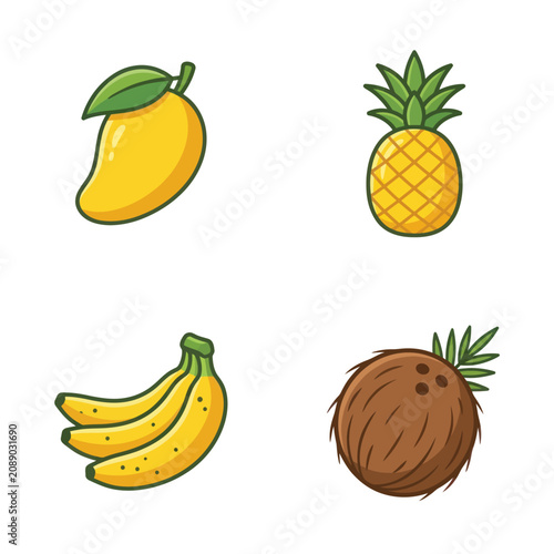 Colorful cartoon fruit icons set.