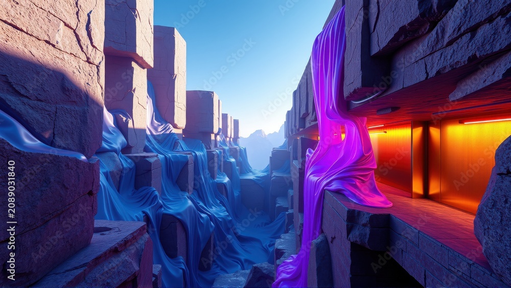 Fototapeta premium Futuristic city landscape. Stone structures, flowing blue material, vibrant purple light, orange glow. Dramatic lighting creates depth, mystery.
