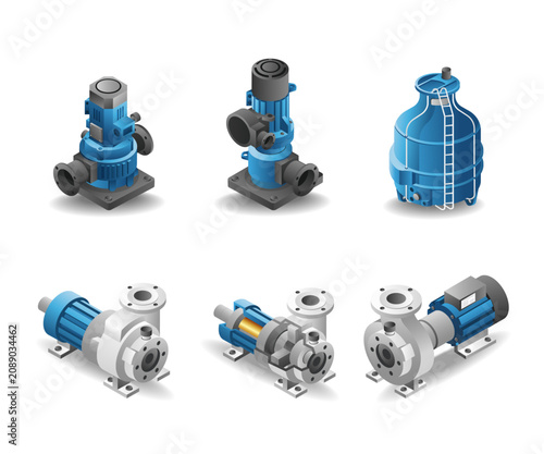 Industrial Water Pump and Machinery Isometric Icon Set
