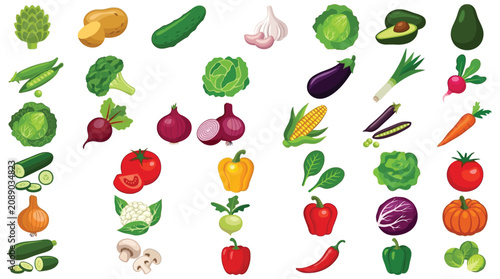 Assorted Vegetables And Fruits Colorful Vector Illustration On White Background