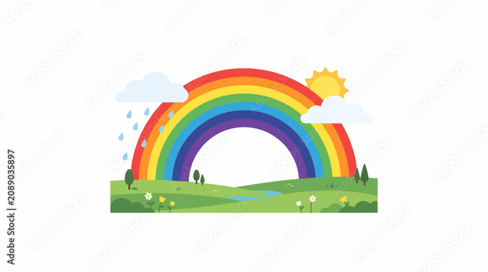 Naklejka premium Vibrant Rainbow Over a Grassy Landscape: A classic rainbow arches across a clear sky, with clouds on either side, one releasing gentle rain and the other a bright sun peeking through. Below.