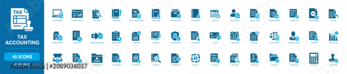 Tax Accounting Solid Icon Set with accounting monitor, checklist search, ledger approval, archive box document, tax calendar, accountant profile, stamped invoice, money folder and file