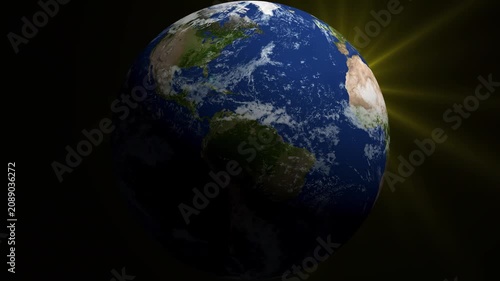 Zoom out of the rotating planet earth in space. Galaxy with solar system background. 