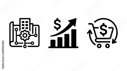 Architecture development financial growth and e-commerce icons with architecture ecommerce shopping business development currency strategy investment planning management optimization