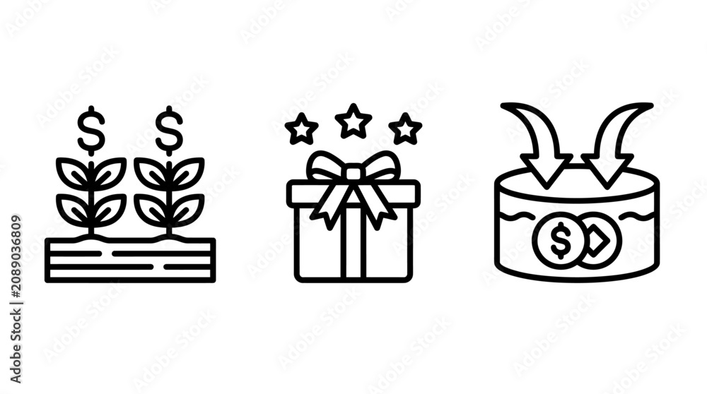 © MdRuhul - Finance and wealth growth conceptual line icons with investment business increase interest corporate financial development strategy management presents agriculture illustration commerce