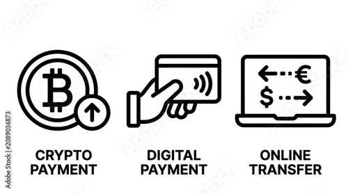Set of cryptocurrency payment contactless digital payment online money transfer icons transfer currency commerce technology transaction shopping business cashless contactless exchange
