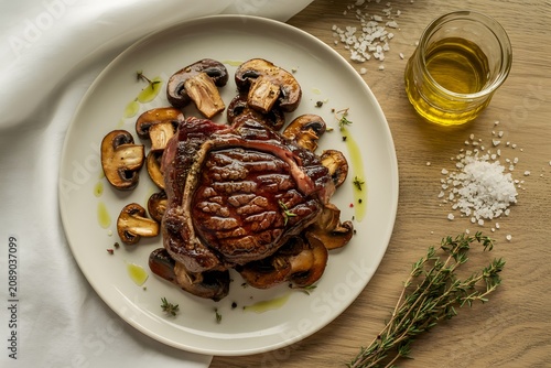 Grilled ribeye steak served with sauteed mushrooms, culinary
