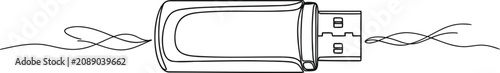 A continuous line drawing illustration of a portable usb flash drive on a plain white background
