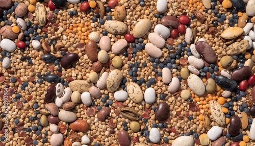 Overhead flat lay of assorted dried beans and grains in mixed colors filling entire frame densely packed