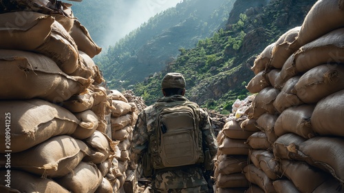 Soldier observing a landscape from a trench.