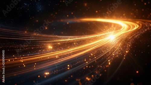 Abstract light streaks with sparkling starbursts against a deep black background 