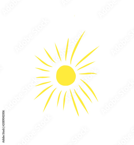 Simple yellow sun illustration with rays on white background.