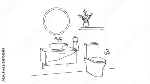  Modern master bathroom interior continuous line drawing home renovation vanity toilet vector graphic