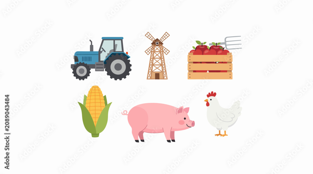 Fototapeta premium Farm Icon Set: Tractor, Mill, Apples, Corn, Pig, Chicken