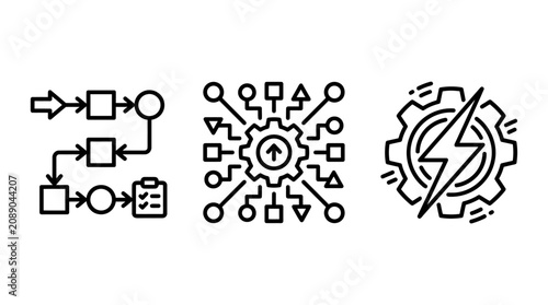 Business process workflow and operational efficiency line icons with workflow management business operations optimization efficiency structure automation strategy planning checklist