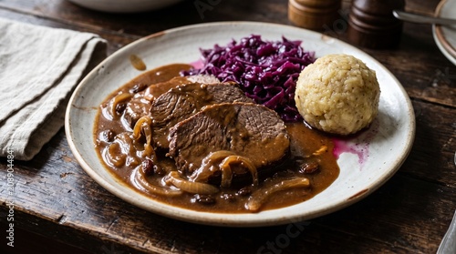 Traditional German Sauerbraten with Red Cabbage and Dumplings
