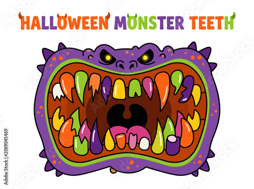 фотографія Cartoon purple monster face with a gaping mouth full of colorful jagged teeth un