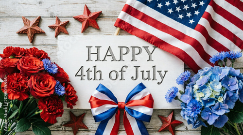 Patriotic Happy Fourth of July sign with American flag ribbon flowers stars celebrating freedom.
