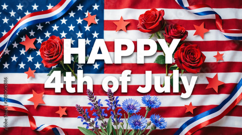 Patriotic Happy Fourth of July sign with American flag ribbon flowers stars celebrating freedom.
