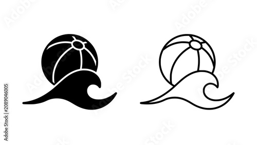 Photography Beach ball and sea wave icons silhouette and outline set with vacation silhouett