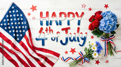 Patriotic Happy Fourth of July sign with American flag ribbon flowers stars celebrating freedom.