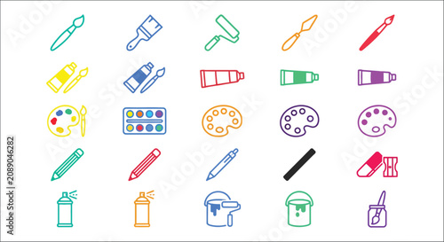 Painting Tools Icon Set Colorful Line Art On White Background