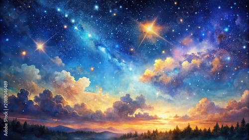 Watercolor night sky background with stars