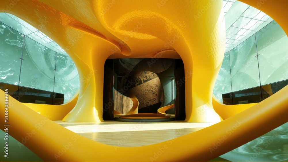 Fototapeta premium Organic architecture, fluid forms dominate interior space. Warm tones contrast cool glass elements, creating dramatic visual effect.