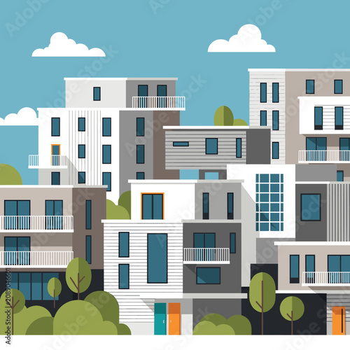 Fotografía Modern apartment building complex with balconies and trees in a flat vector illustration style