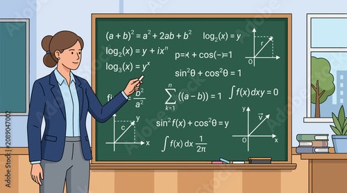 Female teacher explaining complex mathematical formulas on a classroom chalkboard.