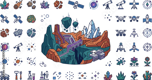 Foto Space colonization mars base vector elements set featuring sci-fi planet landsca