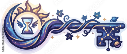 Mystical Celestial Key with Hourglass and Moon