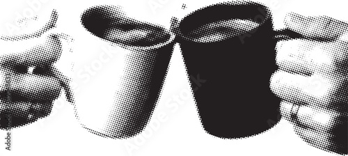 Tableau sur toile Halftone mugs clinking during celebration with hands in white background with se