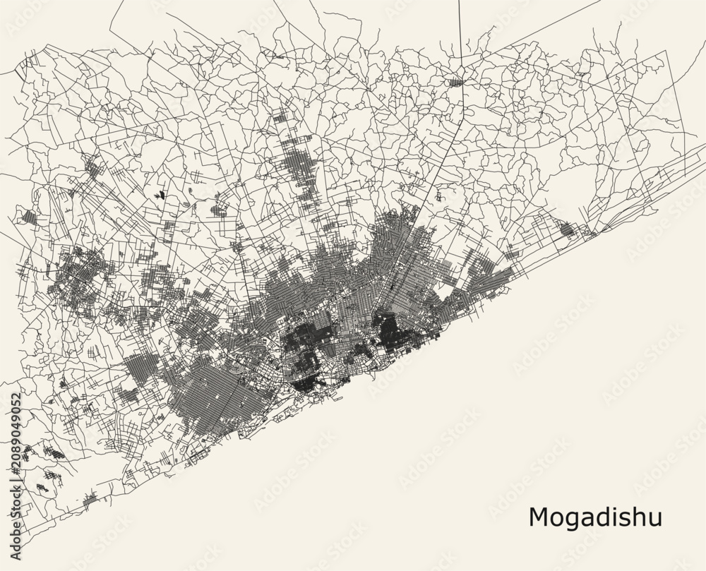 Fototapeta premium High-contrast, minimalist urban road map of Mogadishu, capturing the intricate street grid, sprawling neighborhoods, and coastal orientation of Somalia's capital.
