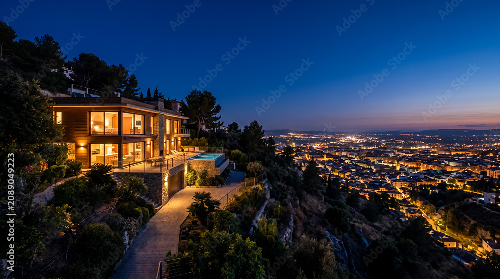 Fototapeta premium Hilltop Modern Villa at Night Overlooking Glittering City
