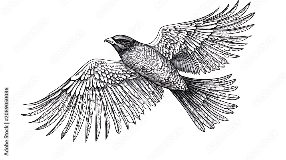 Fototapeta premium Detailed illustration of a bird in flight with wings spread wide on white background