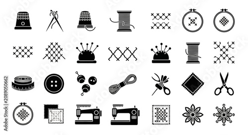 Tableau sur toile Sewing and embroidery icons set for needlework and tailoring