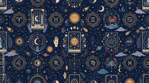 Flat vector mystical celestial pattern, tarot-inspired ornaments, zodiac icons and cosmic decorative elements

