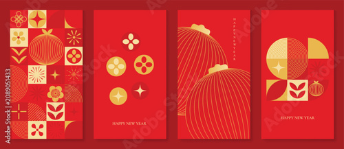 Happy Chinese New Year abstract vector greeting card templates set. Red and gold lunar holiday posters with fan shapes, geometric ornaments, scallop patterns and decorative backgrounds