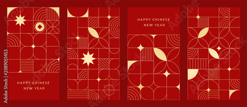 Happy Chinese New Year abstract vector greeting card templates set. Red and gold lunar holiday posters with fan shapes, geometric ornaments, scallop patterns and decorative backgrounds