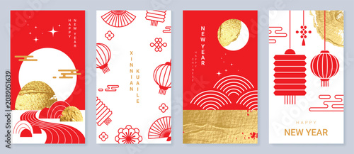 Happy Chinese New Year vector greeting card templates set. Red white and gold lunar holiday posters with lanterns, moon, mountain, wave patterns and floral ornaments