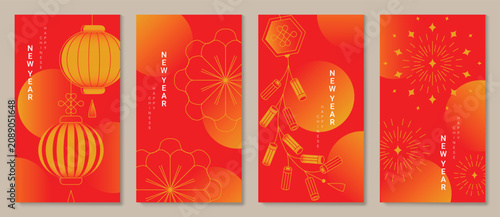 Happy Chinese New Year abstract vector greeting card templates set. Red and gold lunar holiday posters with fan shapes, geometric ornaments, scallop patterns and decorative backgrounds