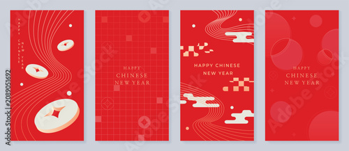 Happy Chinese New Year abstract vector greeting card templates set. Red and gold lunar holiday posters with fan shapes, geometric ornaments, scallop patterns and decorative backgrounds
