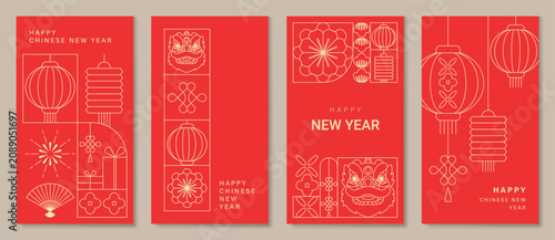 Happy Chinese New Year abstract vector greeting card templates set. Red and gold lunar holiday posters with fan shapes, geometric ornaments, scallop patterns and decorative backgrounds